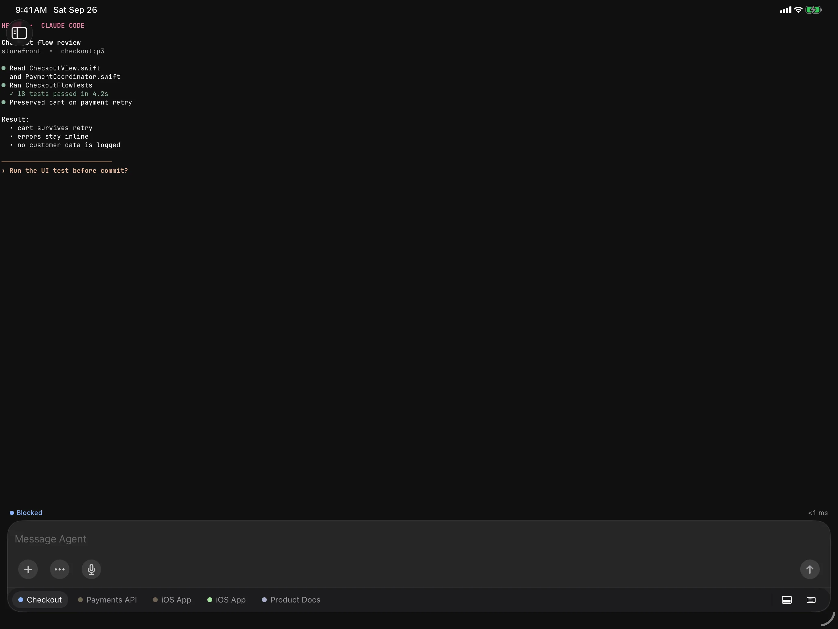 An agent's full-width live terminal with the Composer on iPad