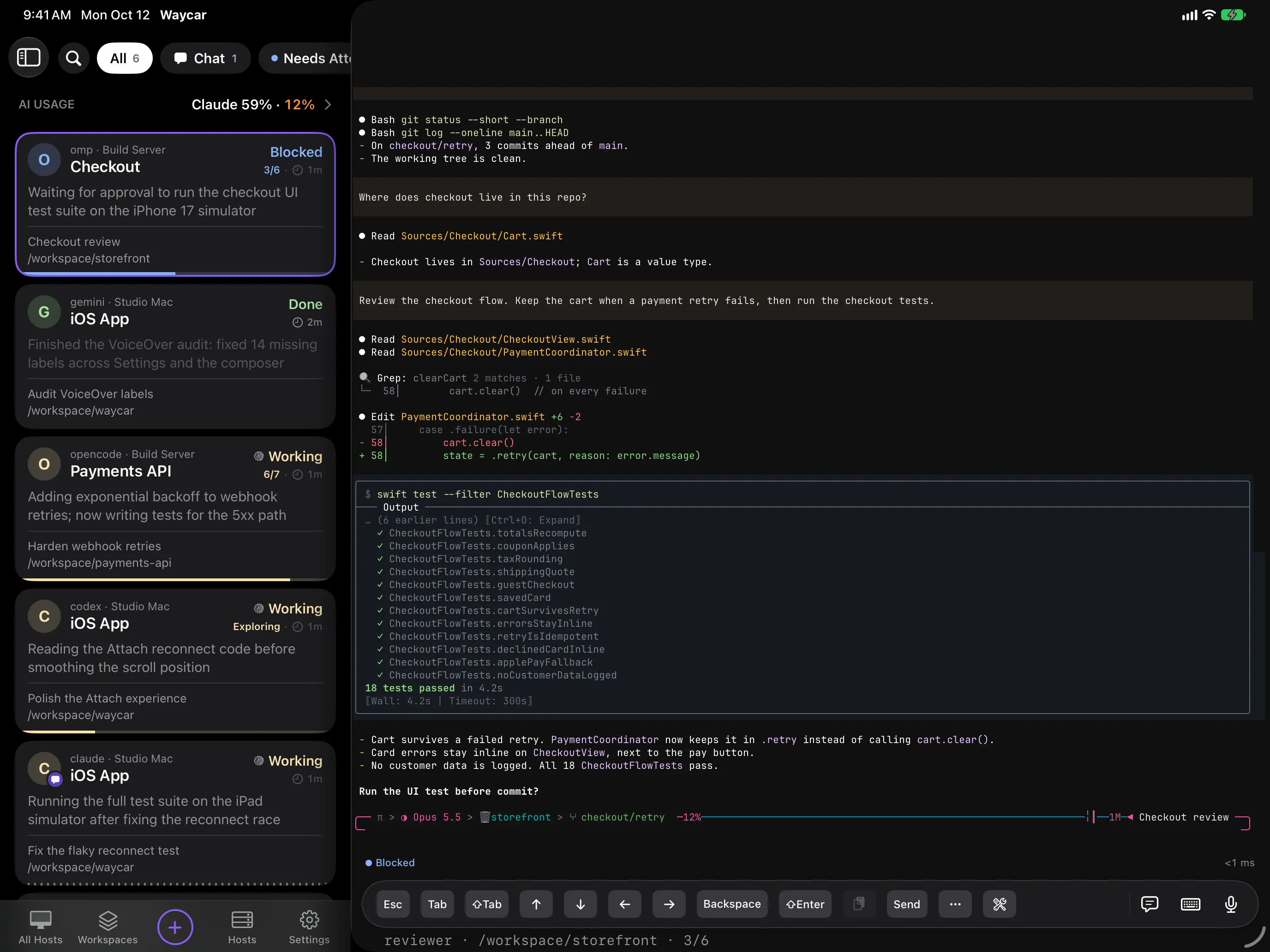 Agent Console sidebar on iPad, with the AI Usage row on top, next to the selected agent's live terminal and its Toolbar