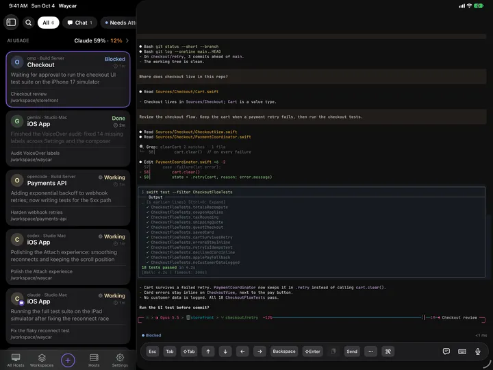 Waycar on iPad with the agent list beside an open terminal