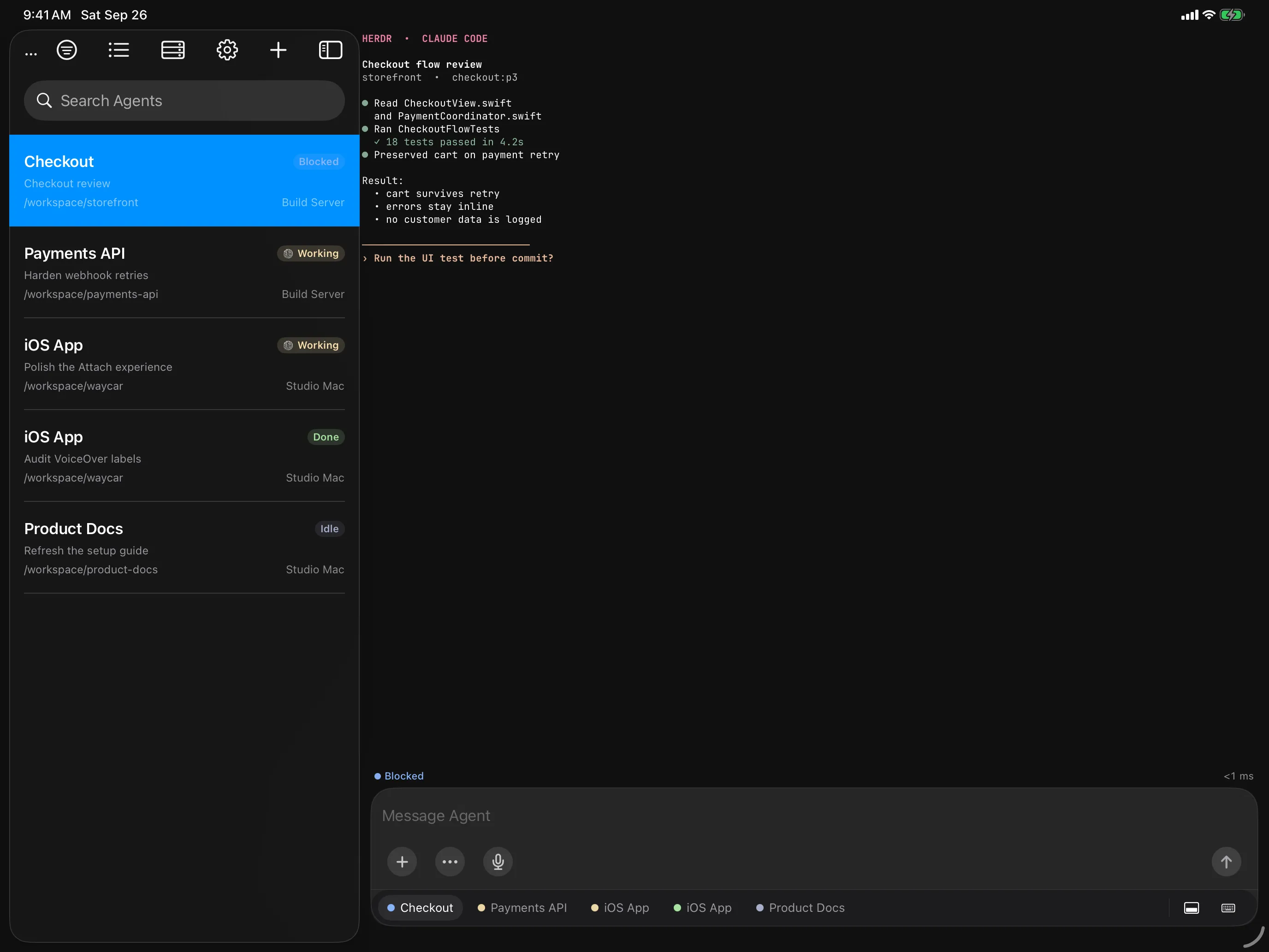 Agent Console sidebar beside the selected agent's live terminal on iPad