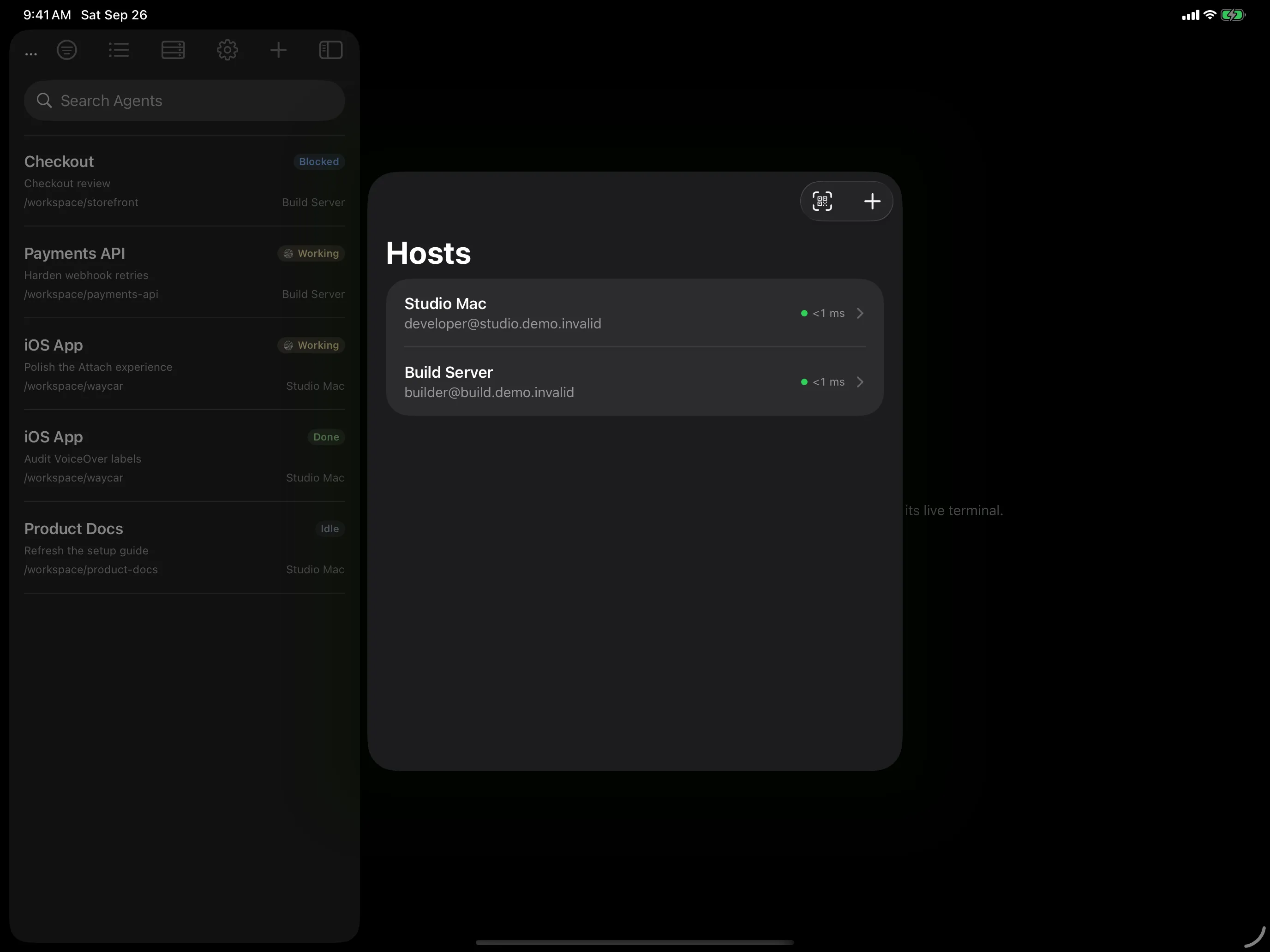 Hosts sheet on iPad listing two Hosts with their connection latency