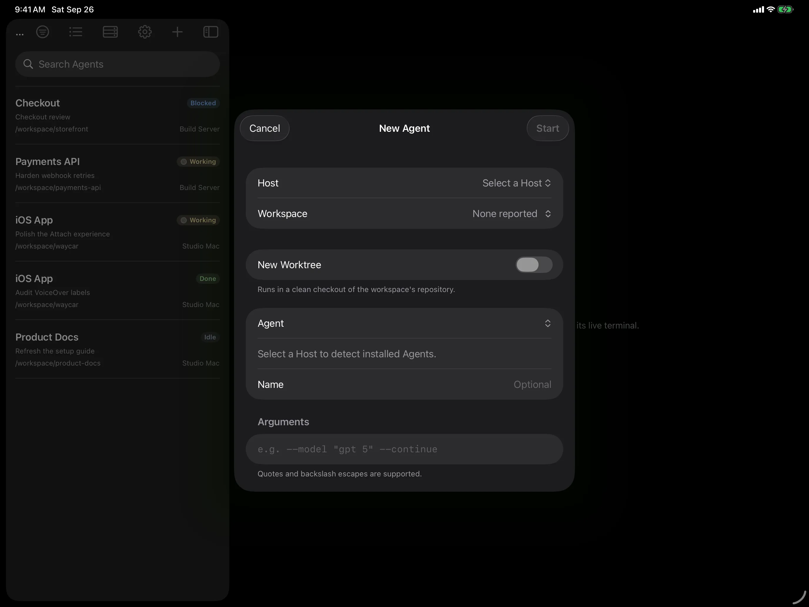 New Agent sheet on iPad over the Agent Console, with Host, Workspace, New Worktree, Agent, and Arguments fields