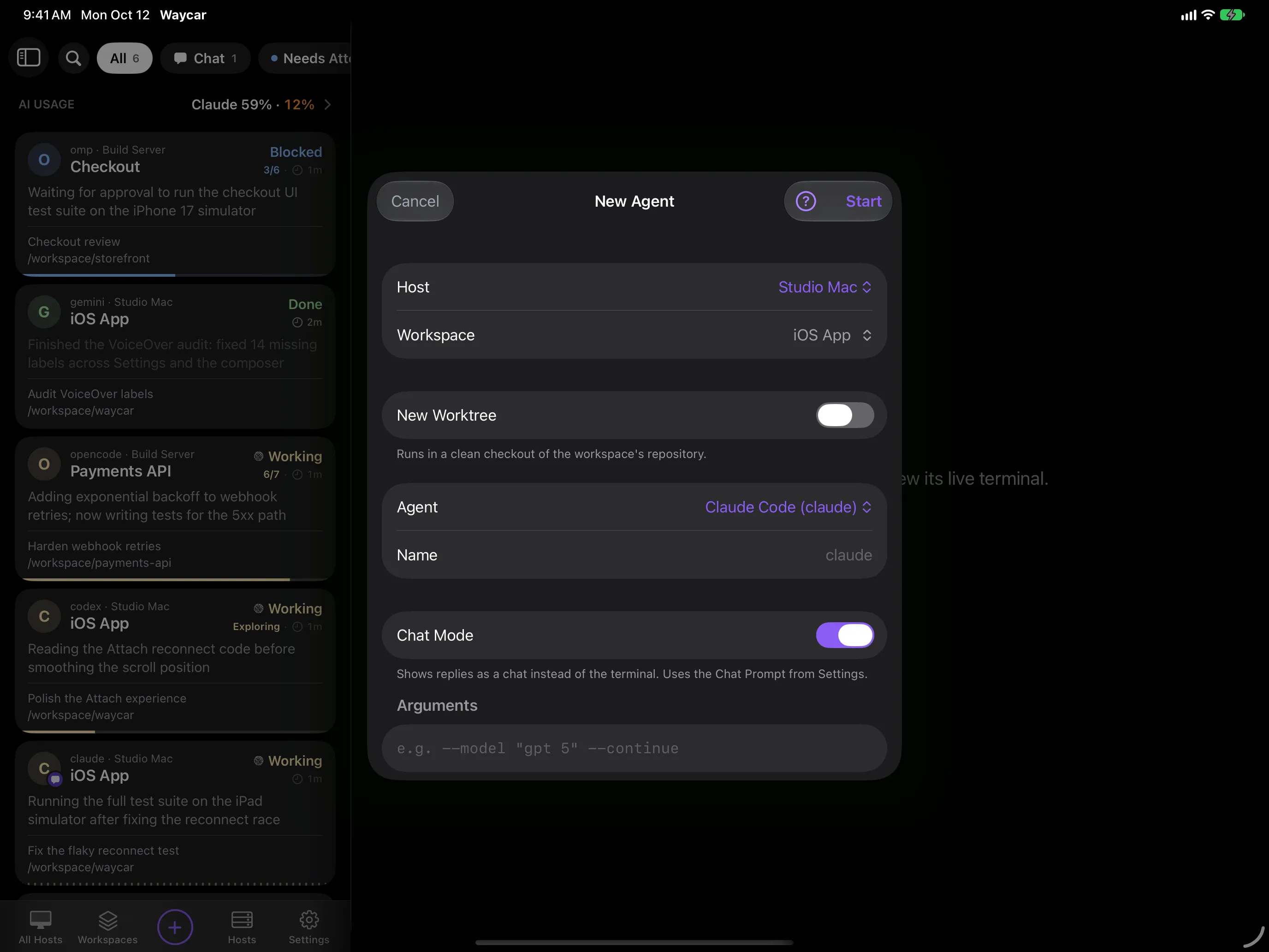 New Agent sheet on iPad over the Agent Console, with Host, Workspace, New Worktree, Agent, and Arguments fields