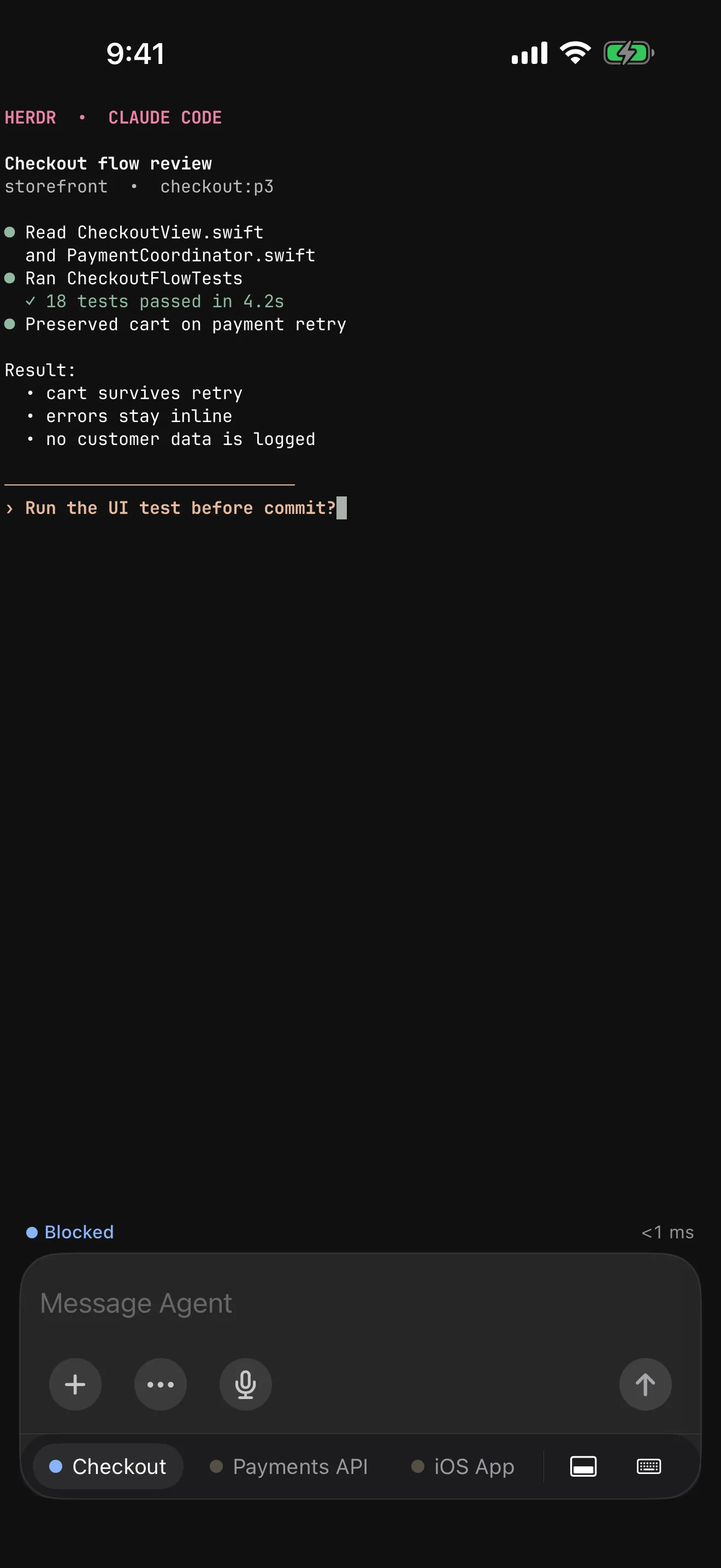 An agent's live terminal on iPhone showing a Claude Code session waiting on a question, with the Composer below