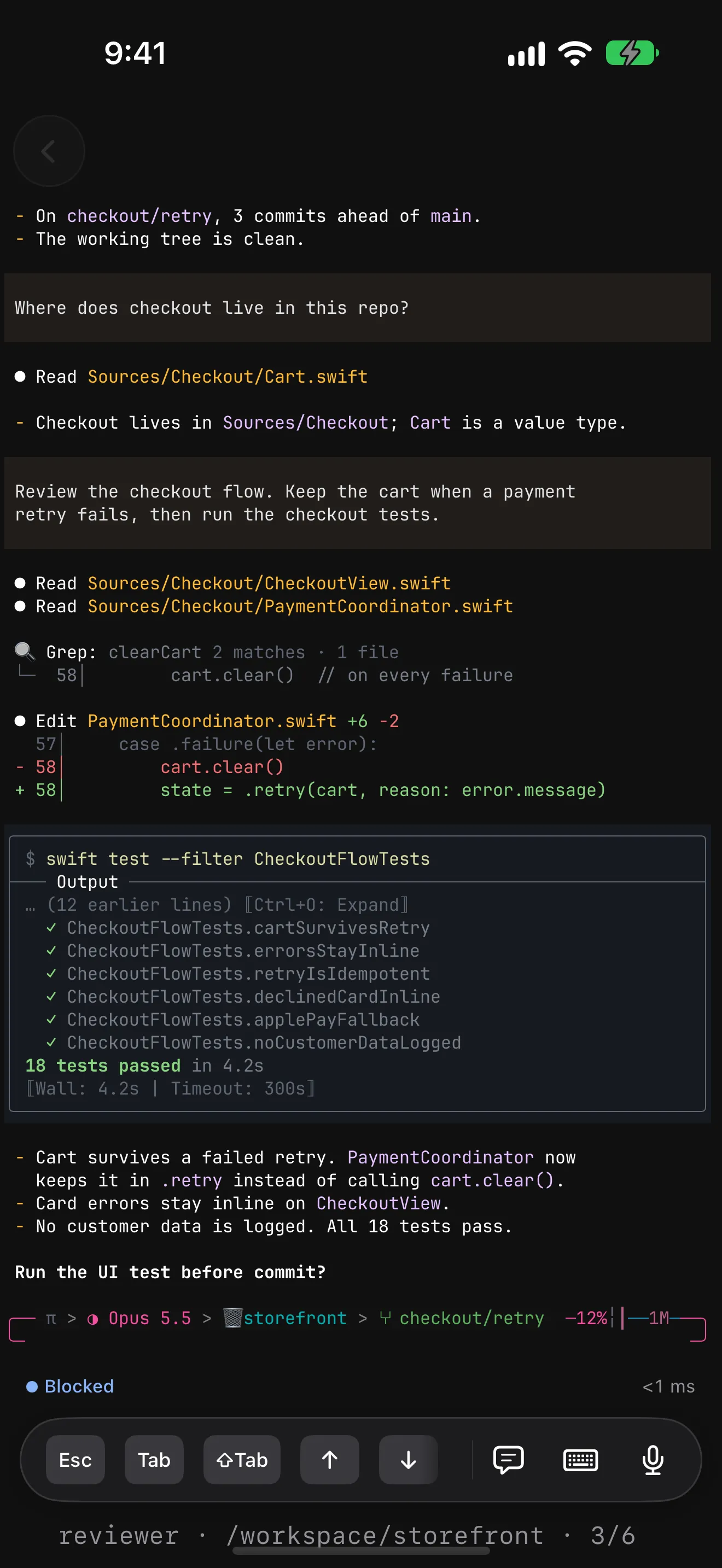 An agent's live terminal on iPhone waiting on a question, with the Toolbar below: Esc, Tab, ⇧Tab and arrow keys, then Message, keyboard, and mic buttons