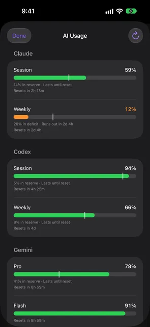 AI Usage sheet on iPhone with session and weekly gauges for Claude and Codex, Pro and Flash gauges for Gemini, each with a pace line and reset time