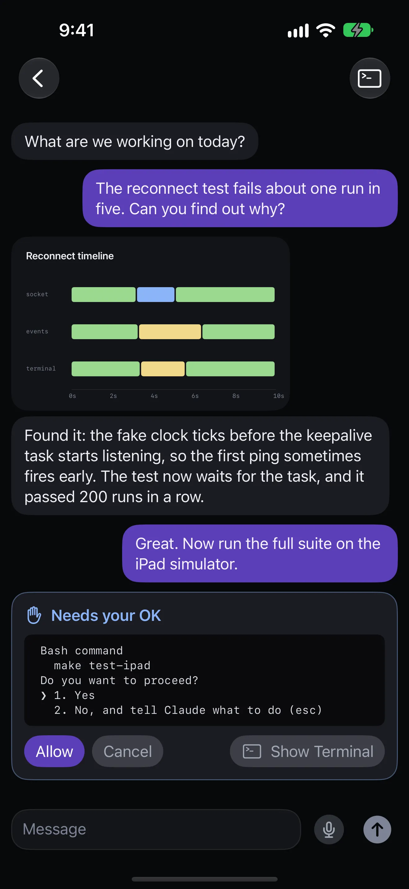 An agent in Chat Mode on iPhone: you ask why a reconnect test fails, it shows a Reconnect timeline chart and explains the fix, then asks your OK to run the tests with Allow, Cancel, and Show Terminal buttons. At the bottom is the Message field with a mic button
