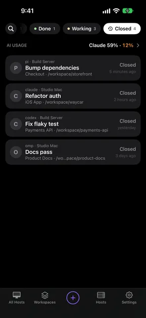 The Console on iPhone with the Closed filter on, listing four closed agents from two Hosts
