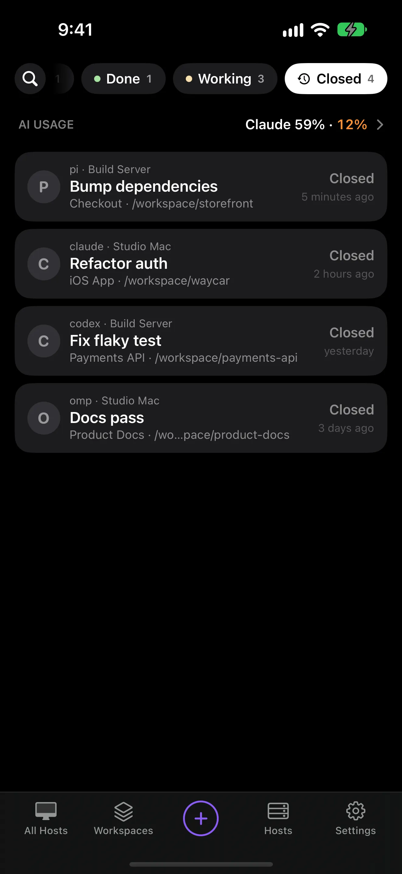 The Console on iPhone with the Closed filter on, listing four closed agents from two Hosts
