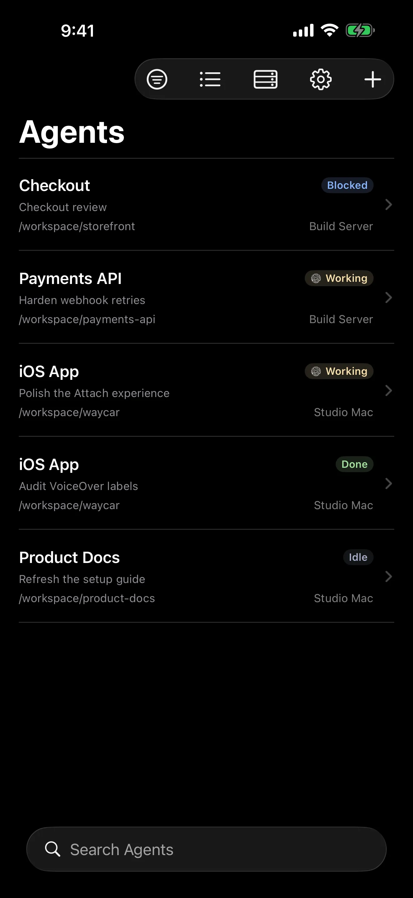 Agent Console on iPhone listing agents across two Hosts with Blocked, Working, Done, and Idle status badges