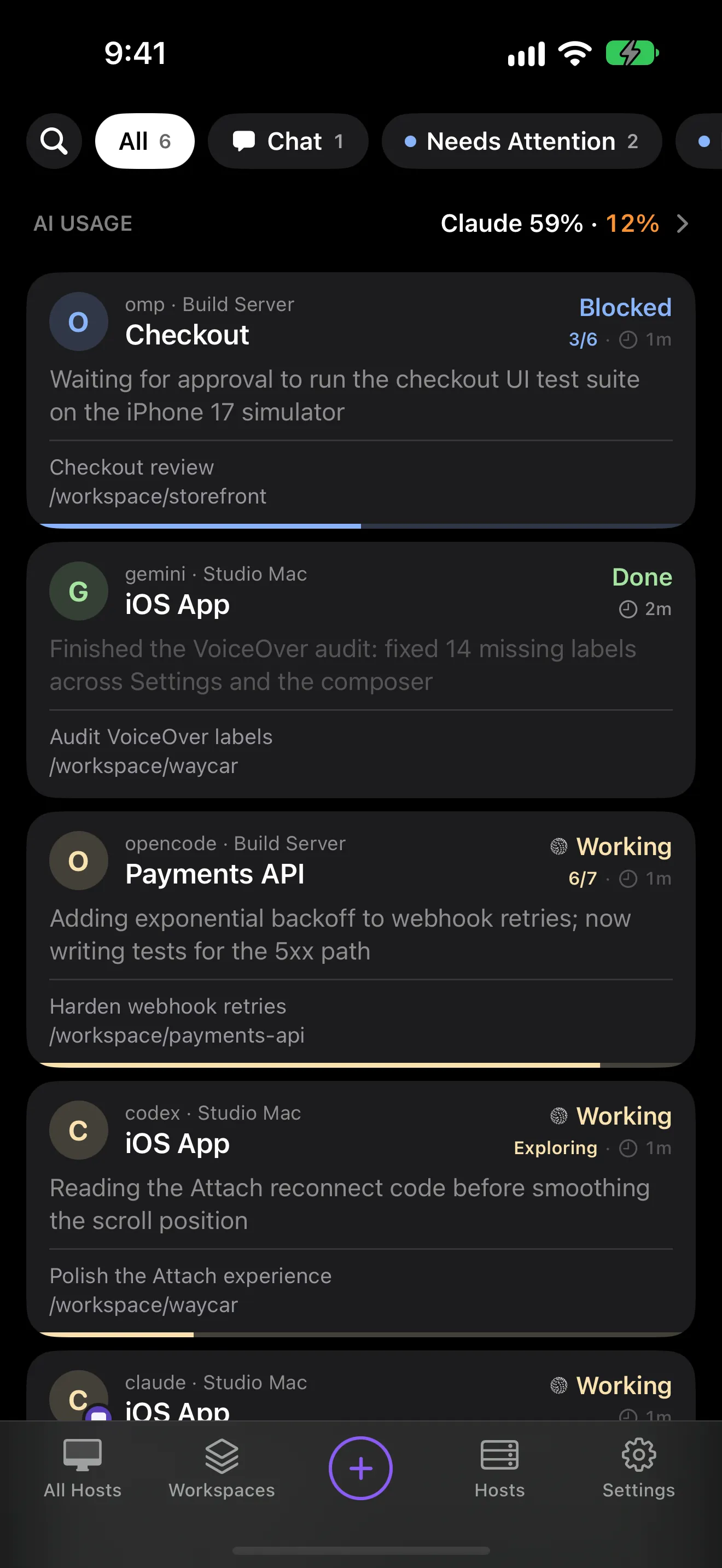 Agent Console on iPhone with an AI Usage row on top, then agents on two Hosts, each marked Blocked, Done, or Working with a one-line summary