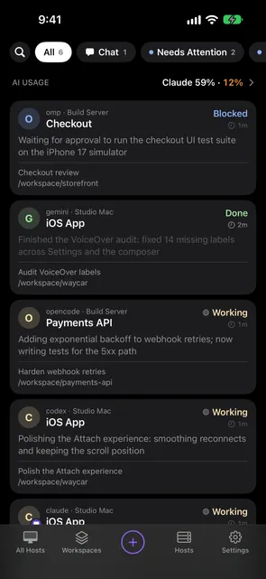 Agent Console on iPhone with an AI Usage row on top, then agents on two Hosts, each marked Blocked, Done, or Working with a one-line summary