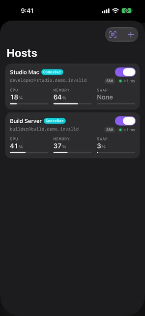 The Hosts sheet on iPhone showing Host cards with live gauges