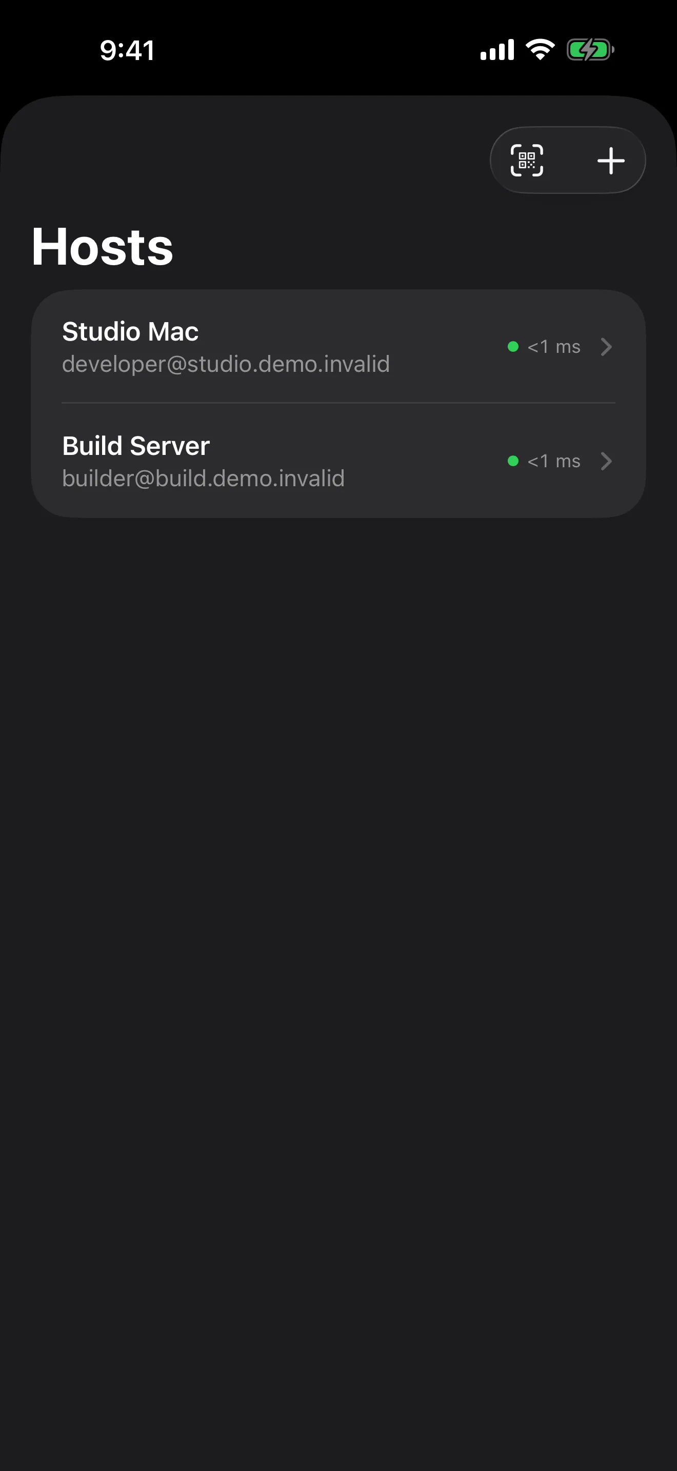 Hosts list on iPhone showing two Hosts, each with its connection latency