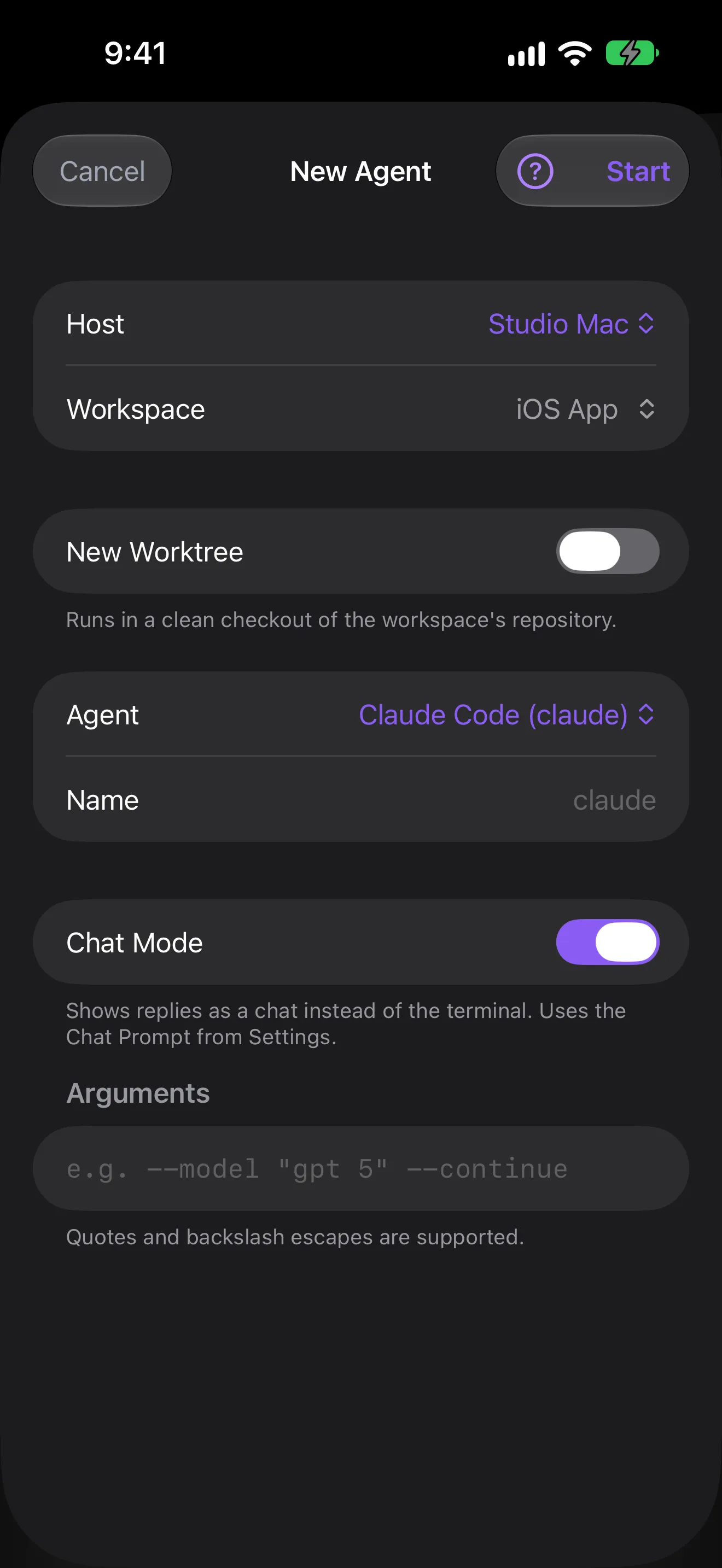 New Agent sheet on iPhone with Host, Workspace, a New Worktree switch, an Agent picker, and an Arguments field