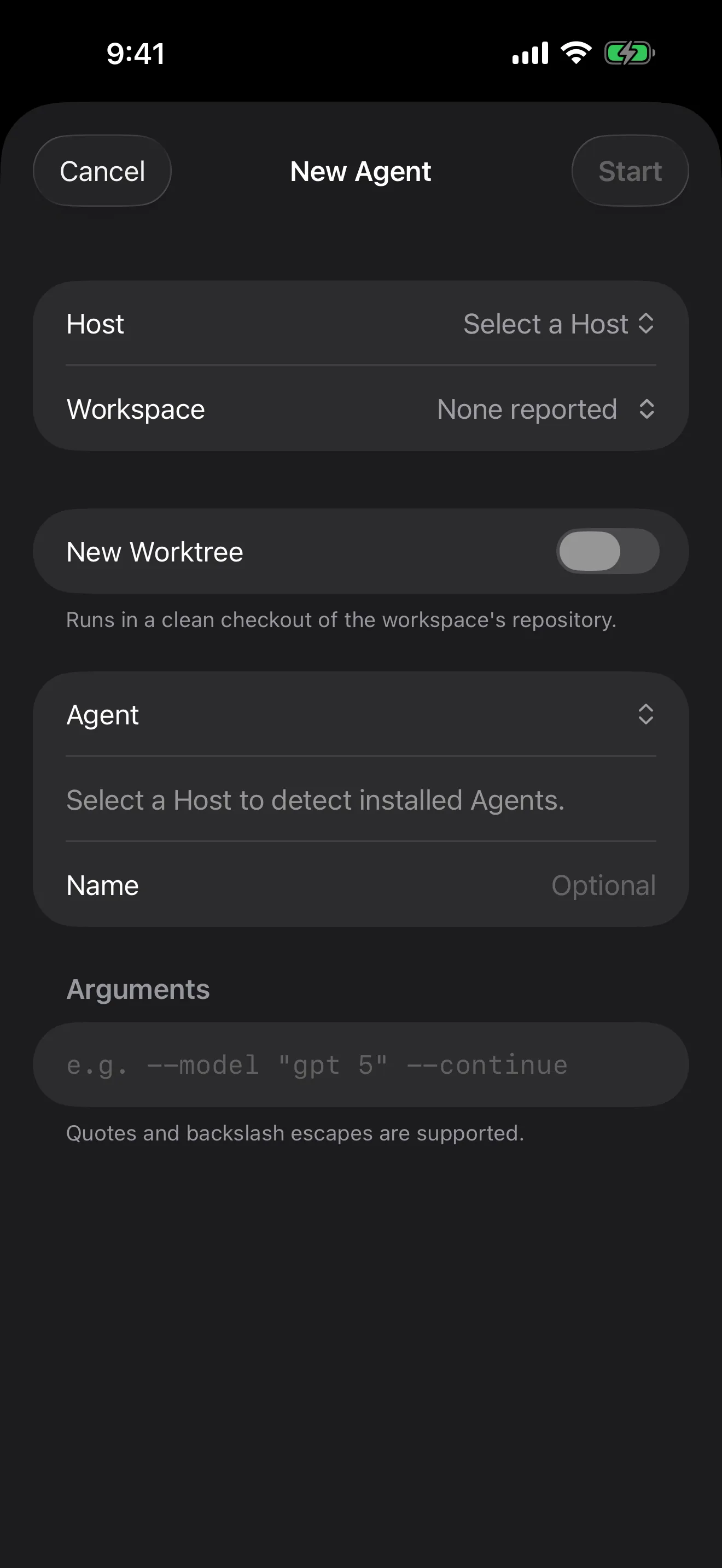 New Agent sheet on iPhone with Host, Workspace, a New Worktree switch, an Agent picker, and an Arguments field
